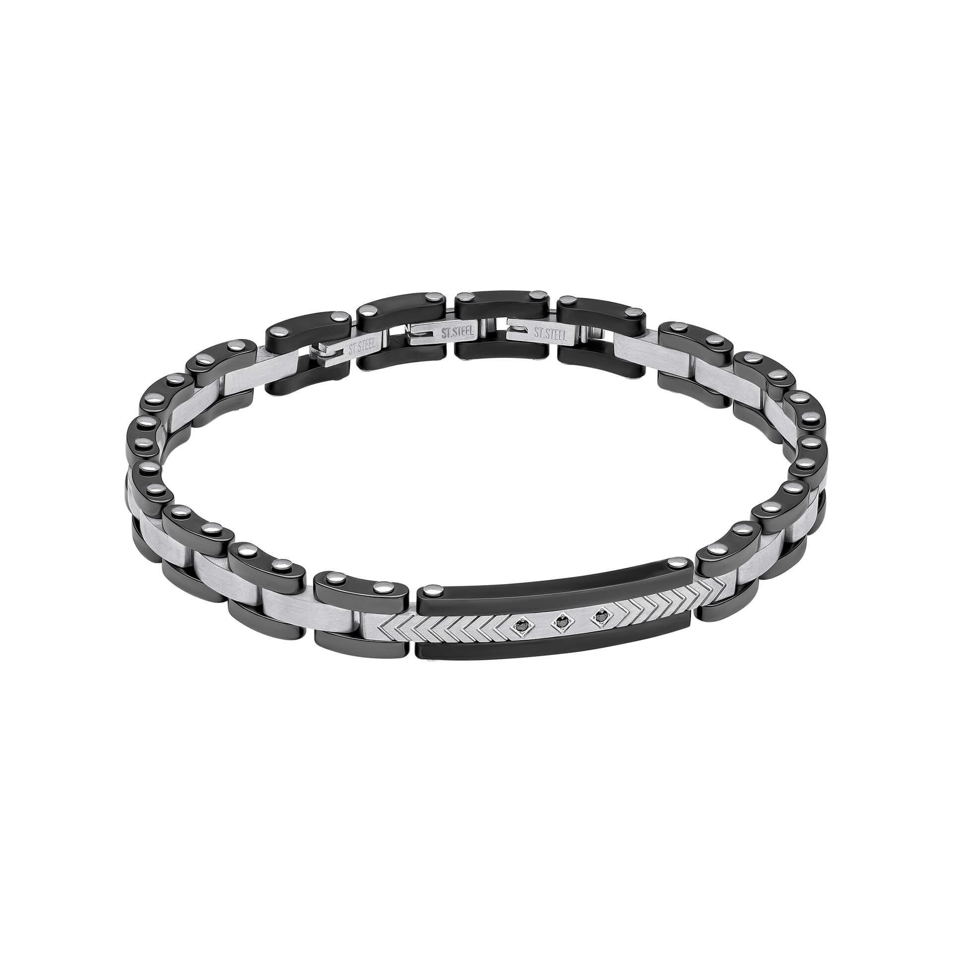 Gecko Jewellery Stainless Steel & Ceramic Link Bracelet with Black CZ