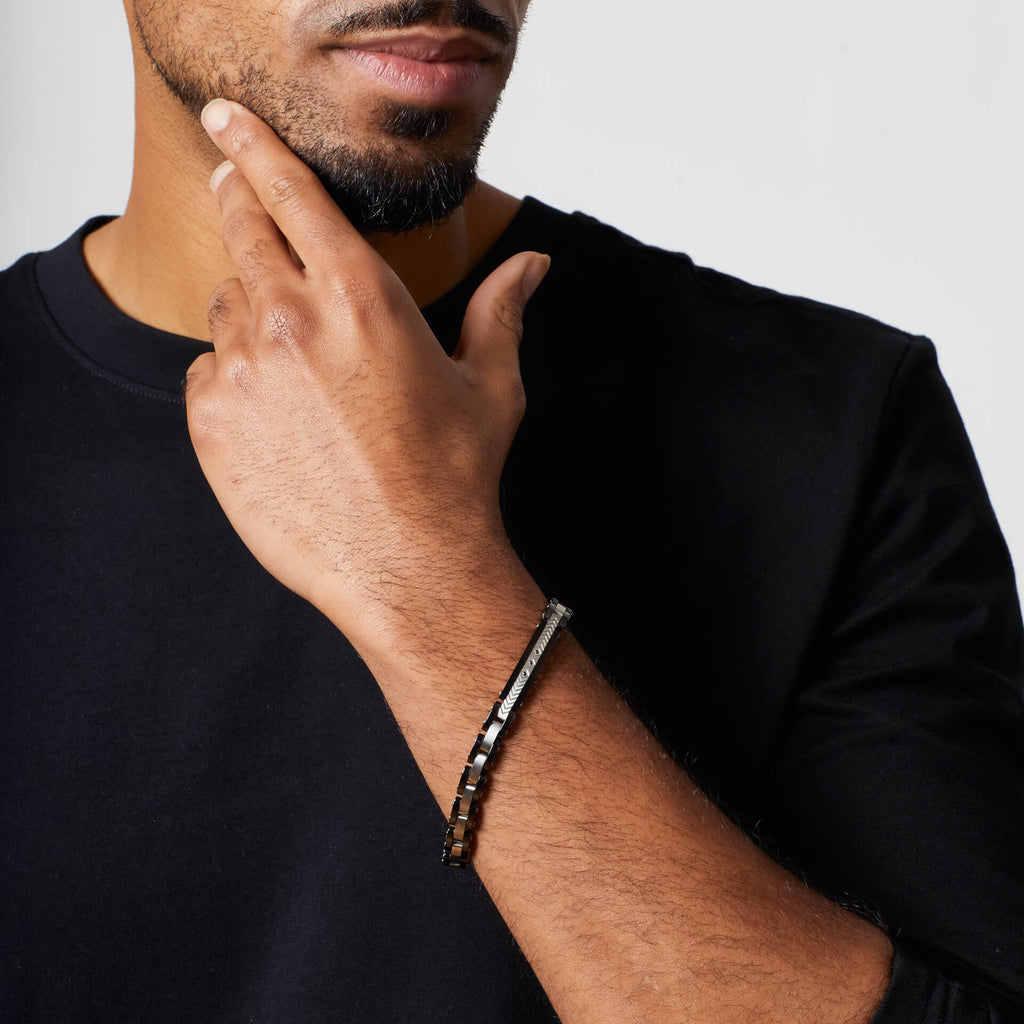 Gecko Jewellery Stainless Steel & Ceramic Link Bracelet with Black CZ