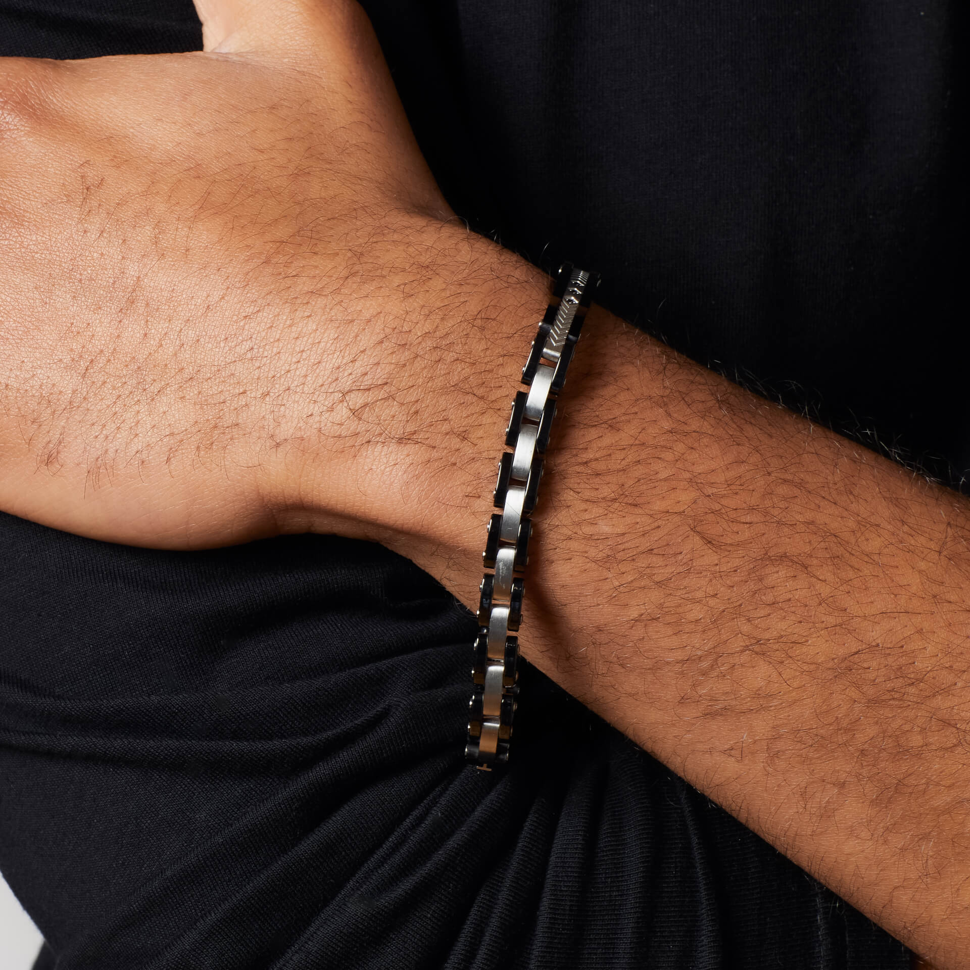 Gecko Jewellery Stainless Steel & Ceramic Link Bracelet with Black CZ