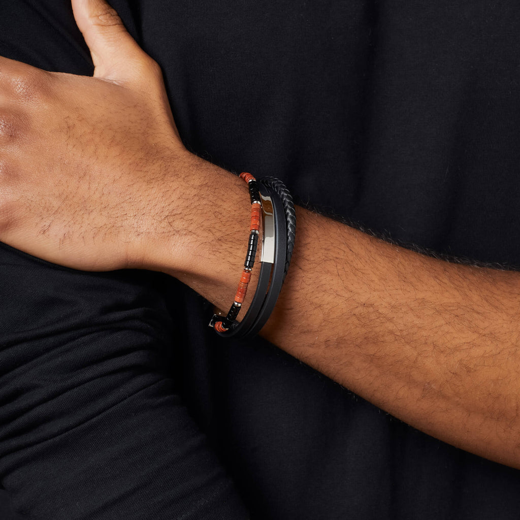 Gecko Jewellery Red Jasper and Onyx Multi-Layer Leather Bracelet