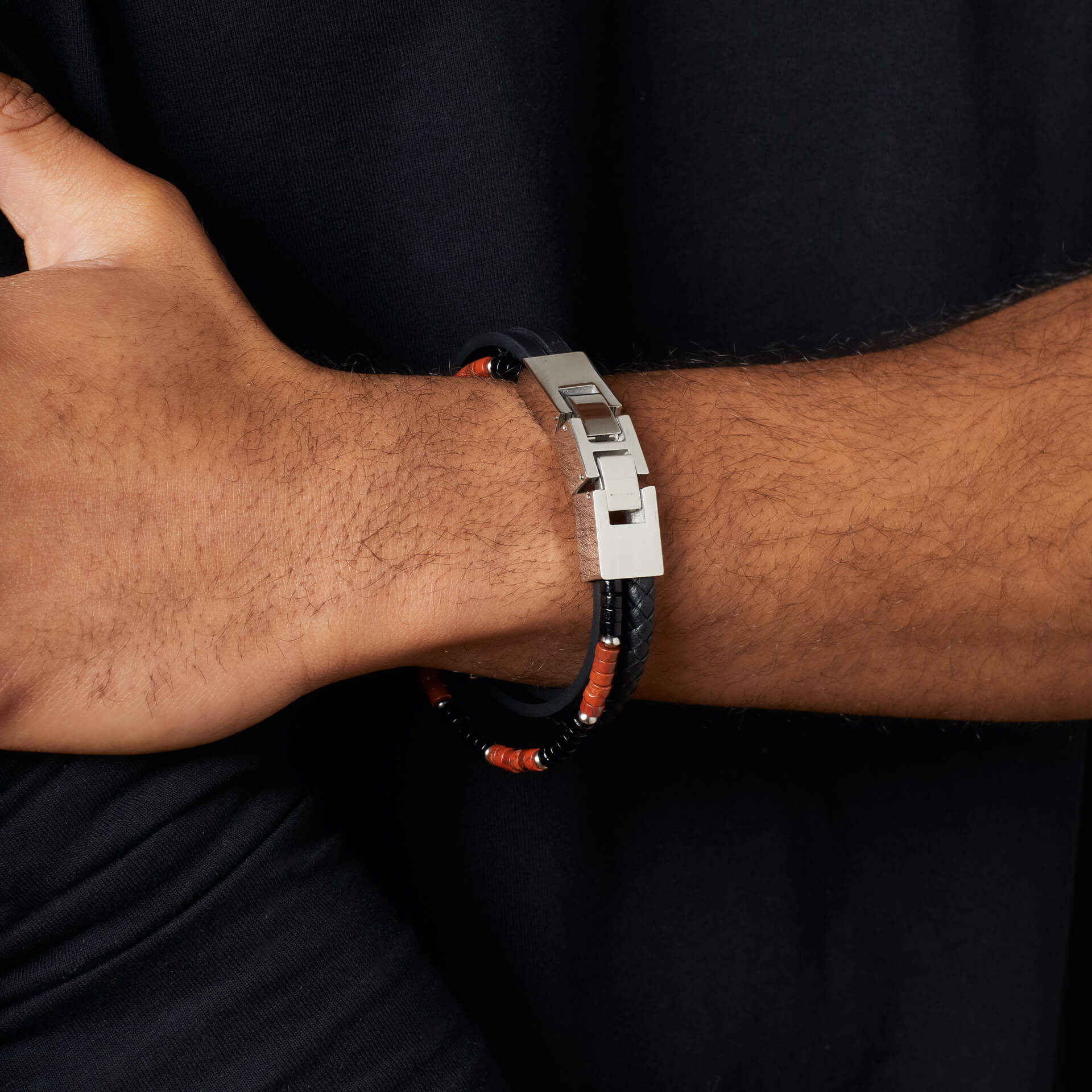 Gecko Jewellery Red Jasper and Onyx Multi-Layer Leather Bracelet