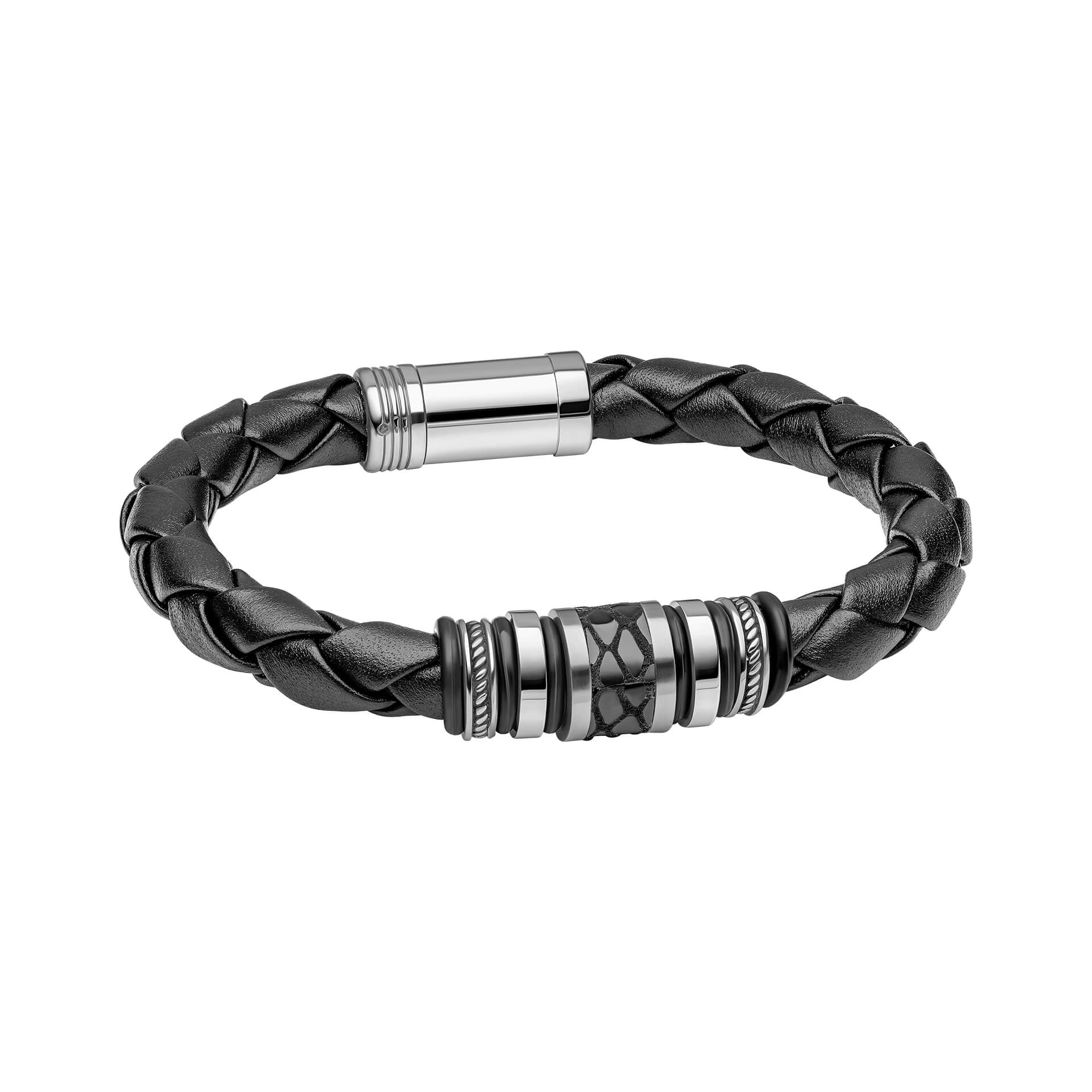 Gecko Jewellery Black Leather and Stainless Steel Centrepiece Bracelet