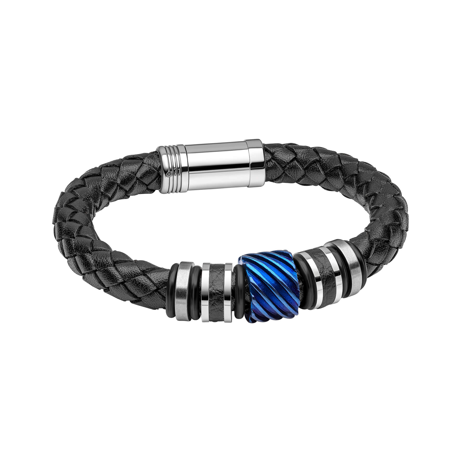 Gecko Jewellery Black Braided Leather Bracelet with Blue Steel Accent