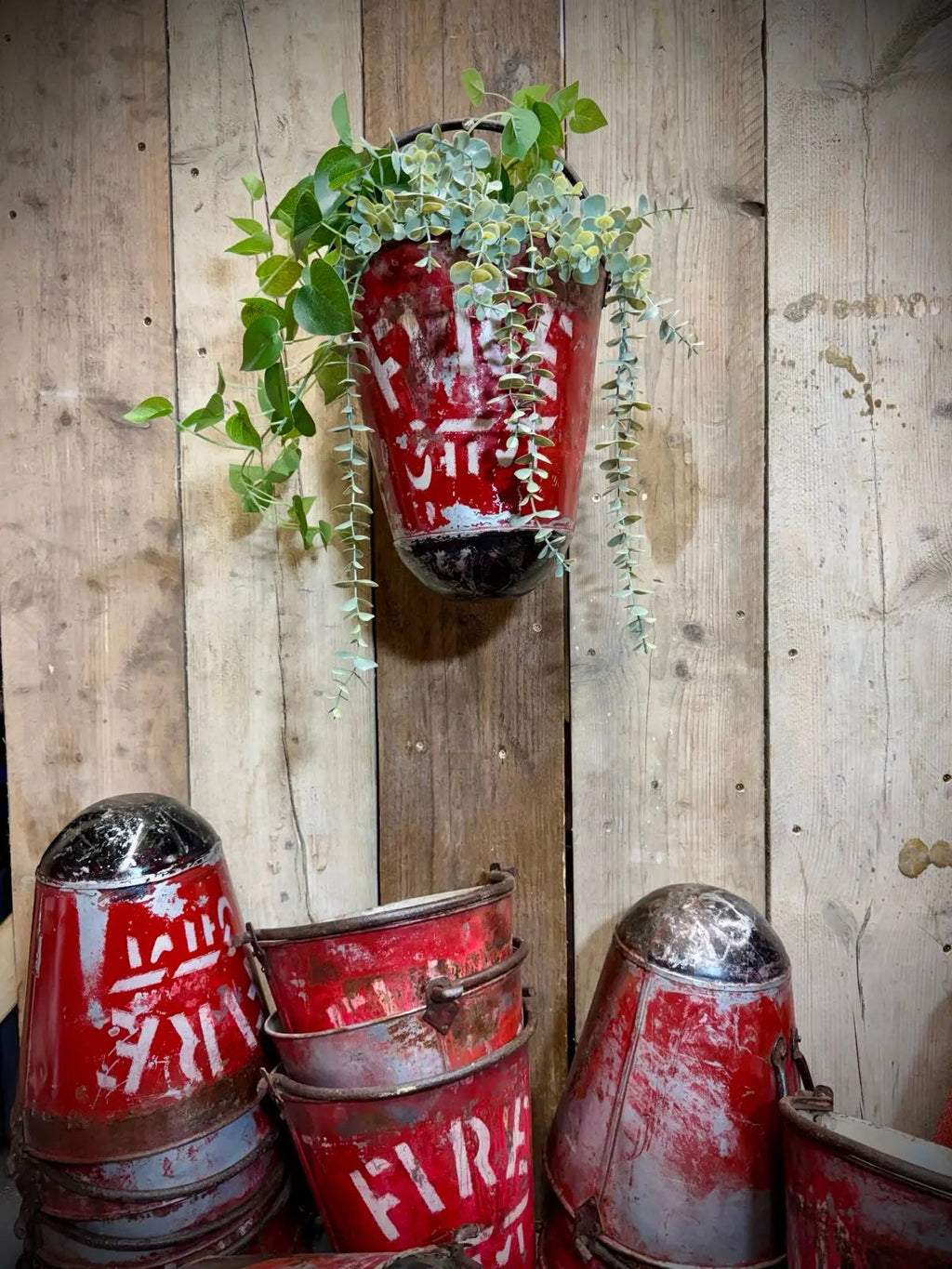 Vintage Galvanised Metal Hanging Fire Bucket Planter | Rustic Warehouse