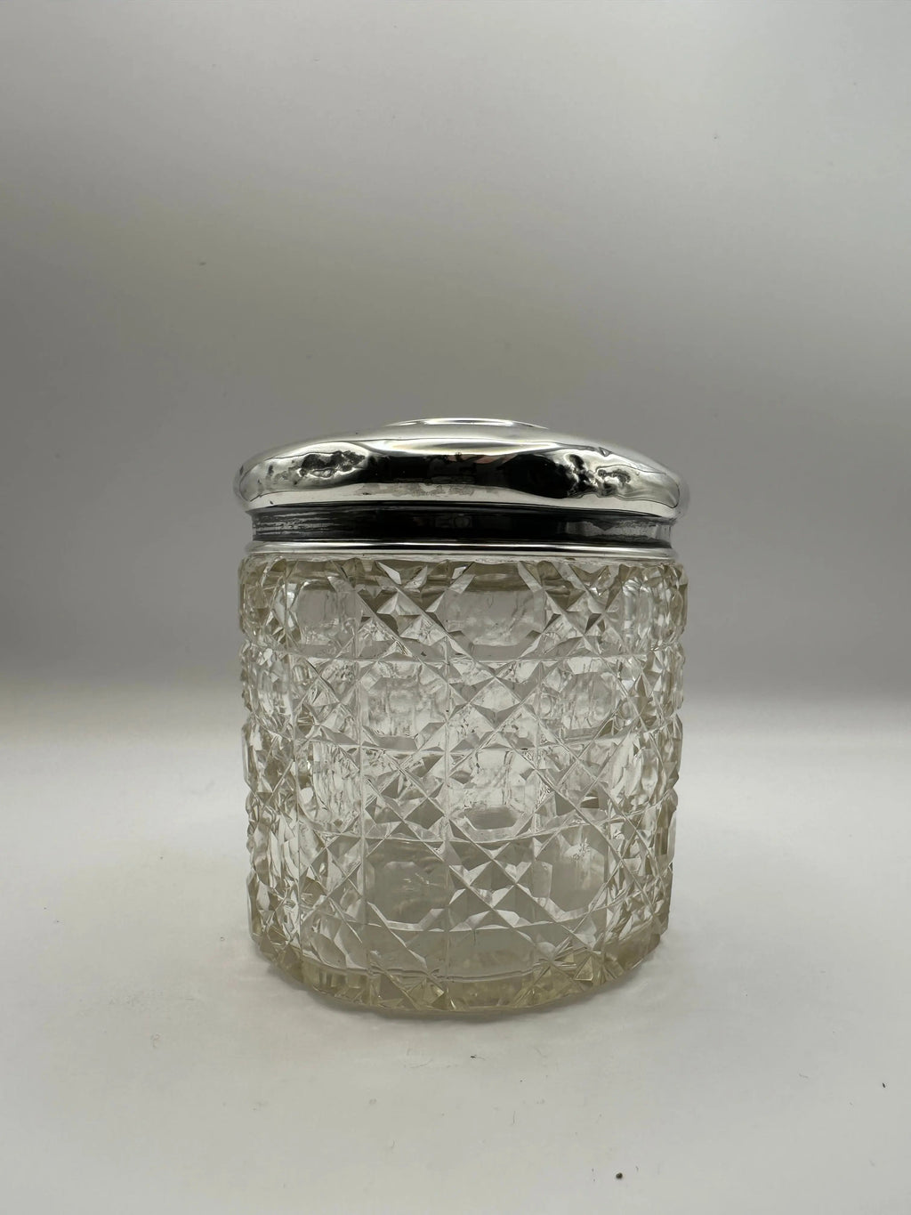 Antique Solid Sterling Silver Topped Cut Glass Pot  / Dressing Table Pot