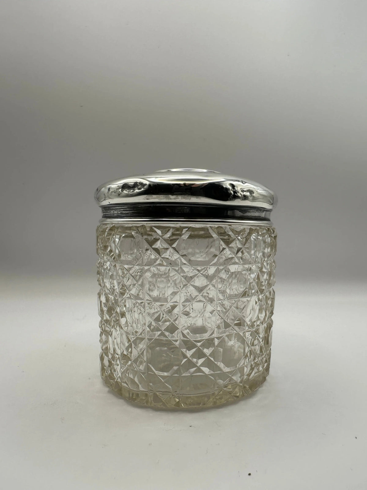 Antique Solid Sterling Silver Topped Cut Glass Pot  / Dressing Table Pot