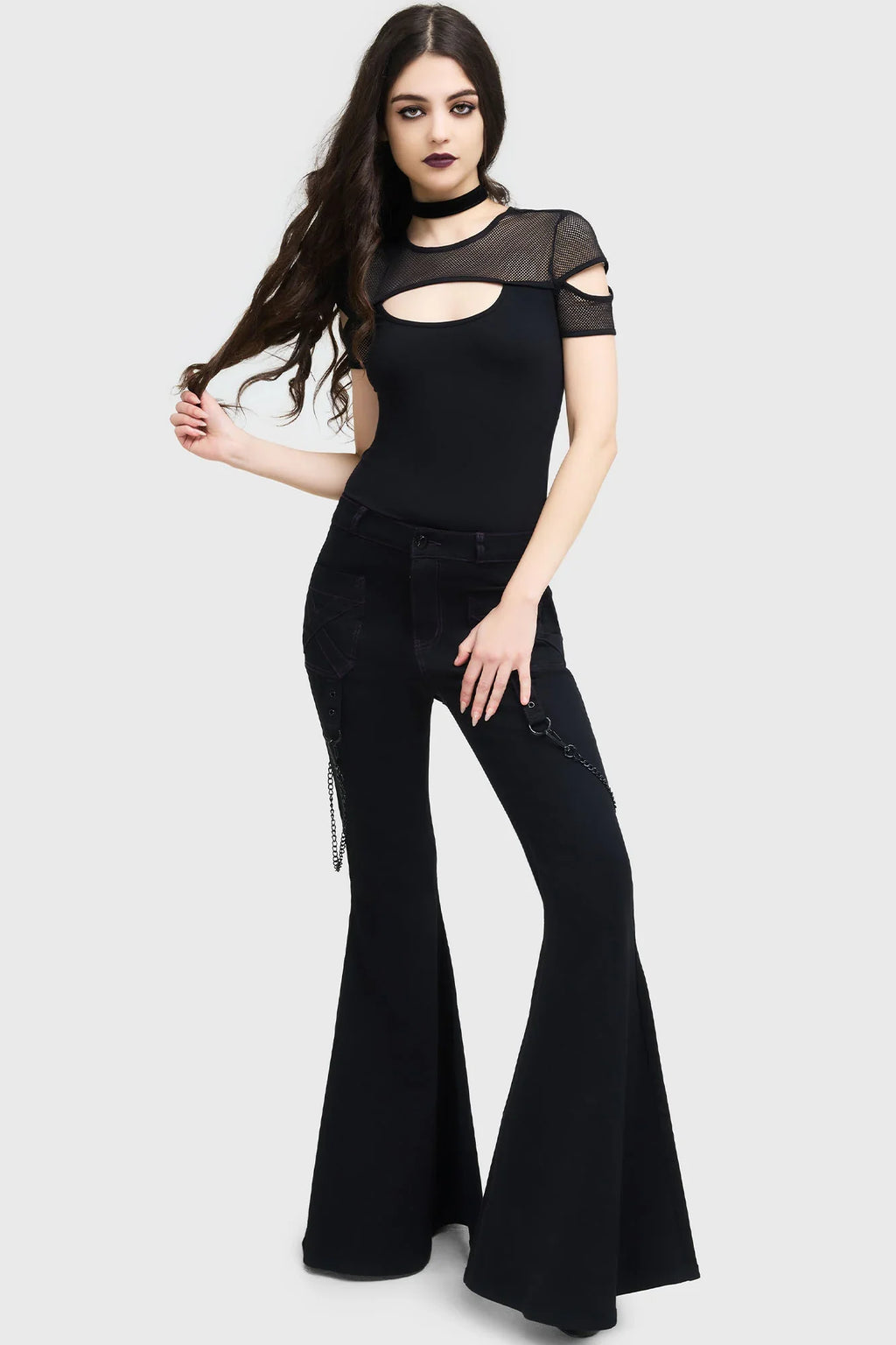 Killstar Beliala Fit & Flare Trousers – Purple Stitch Goth Denim