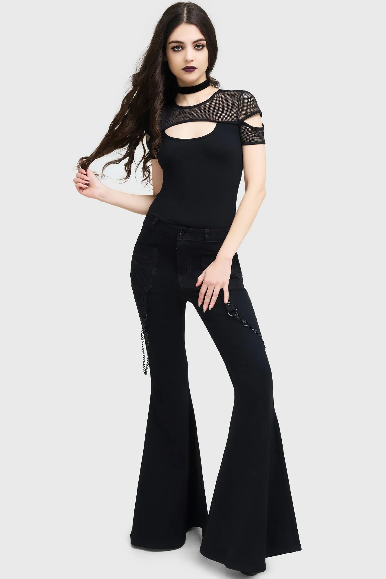 Killstar Beliala Fit & Flare Trousers – Purple Stitch Goth Denim