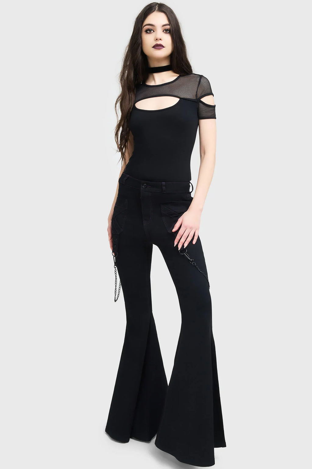 Killstar Beliala Fit & Flare Trousers – Purple Stitch Goth Denim