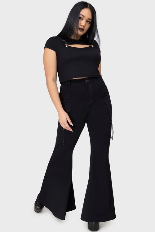 Killstar Beliala Fit & Flare Trousers – Purple Stitch Goth Denim