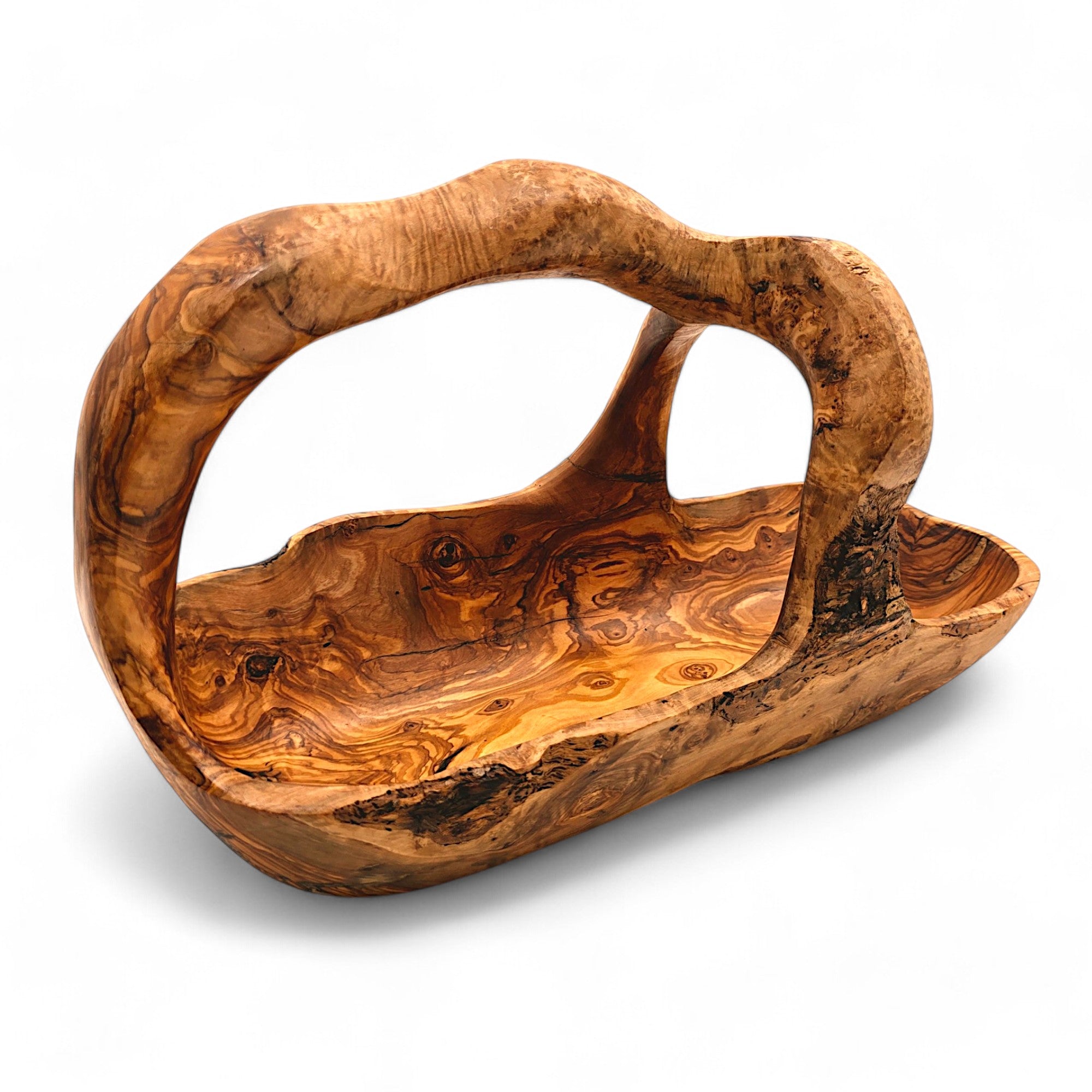 Artisan Olive Wood Fruit Basket with Integrated Handle – Hand-Carved Rustic Serving Caddy – Natural Wood Centerpiece (Sizes 15cm to 35cm+)