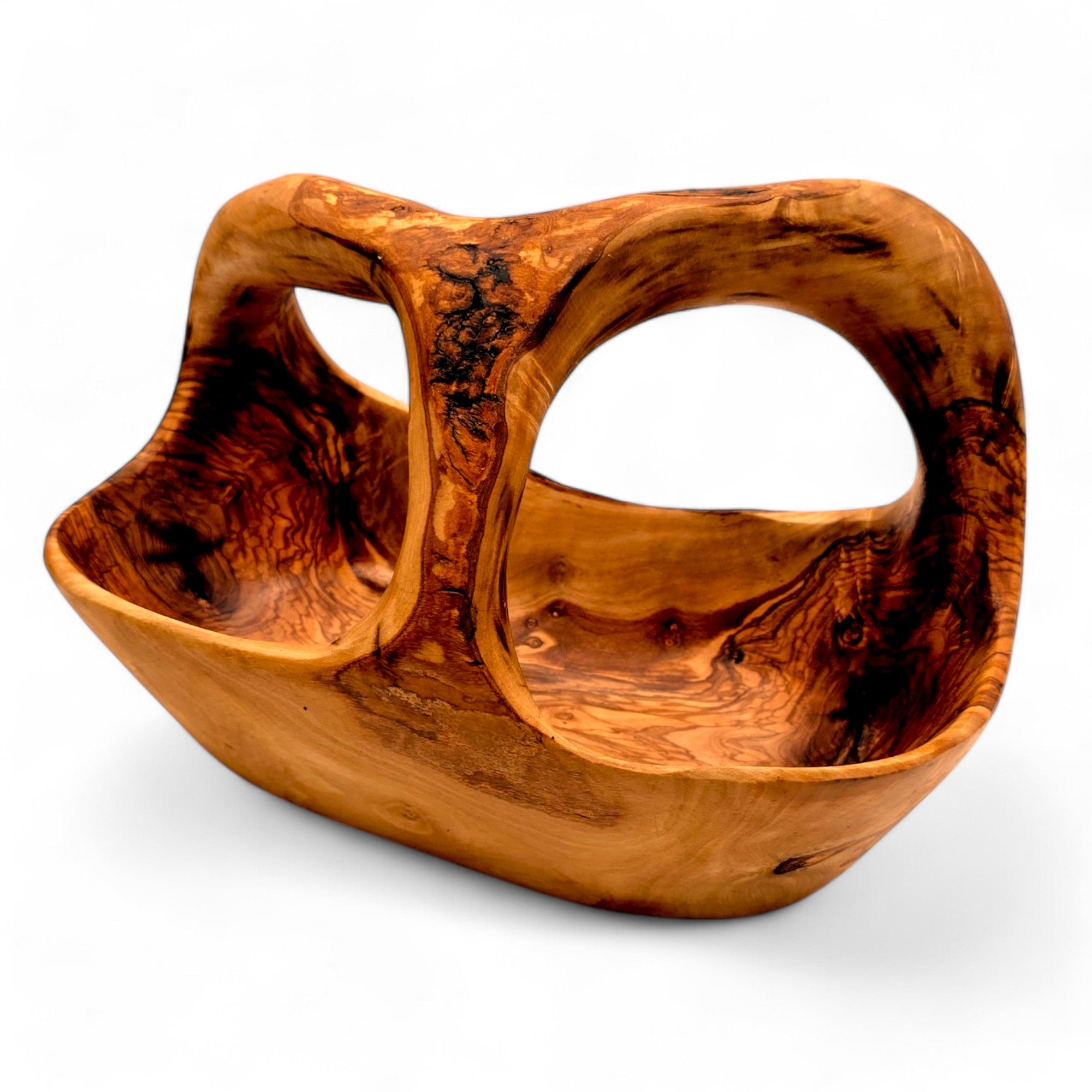 Artisan Olive Wood Fruit Basket with Integrated Handle – Hand-Carved Rustic Serving Caddy – Natural Wood Centerpiece (Sizes 15cm to 35cm+)