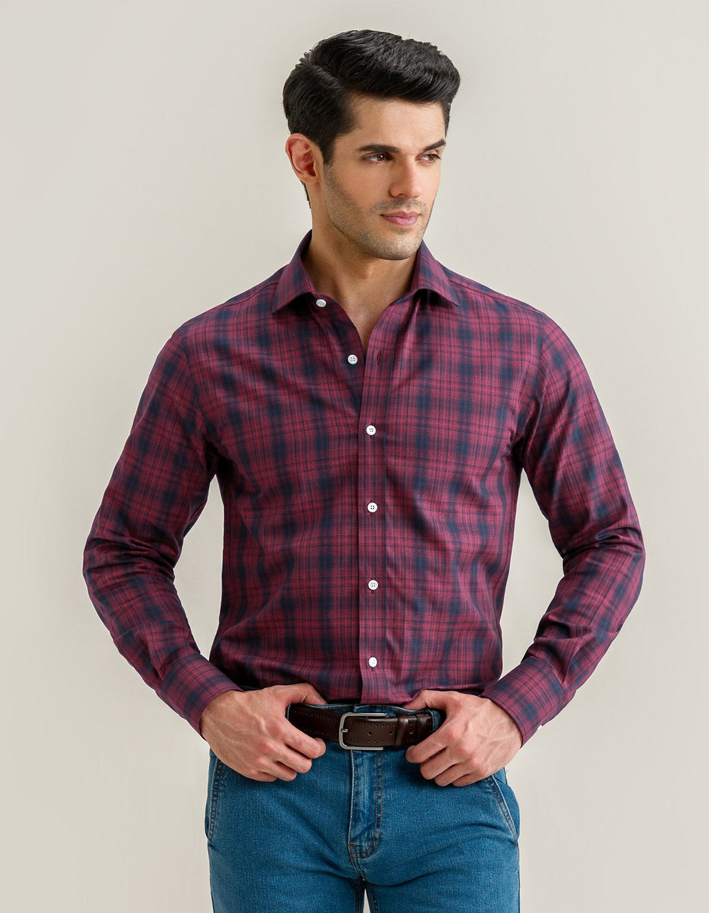 Maroon and Black Cotton Check Shirt
