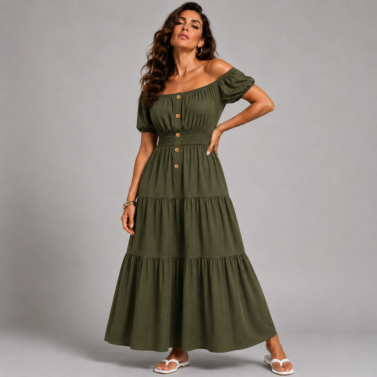 Off Shoulder Elastic Waist Gypsy Style Maxi Dress