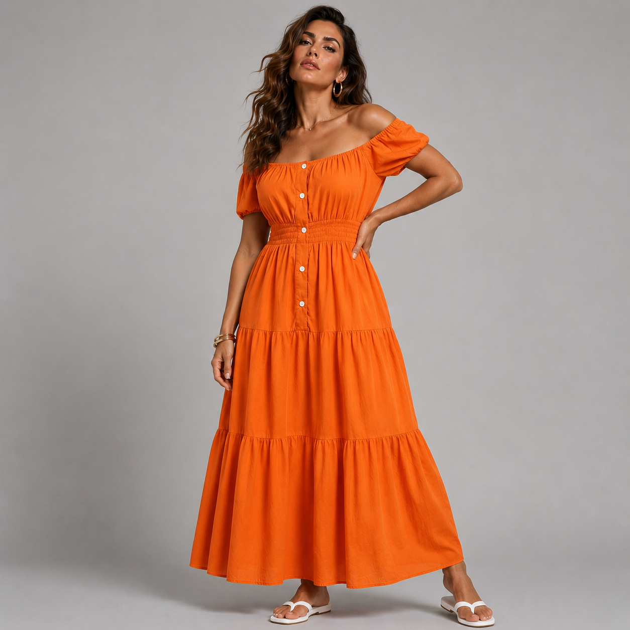 Off Shoulder Elastic Waist Gypsy Style Maxi Dress