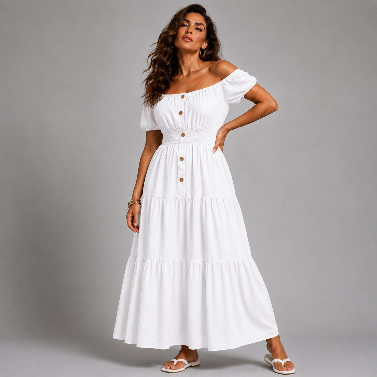 Off Shoulder Elastic Waist Gypsy Style Maxi Dress