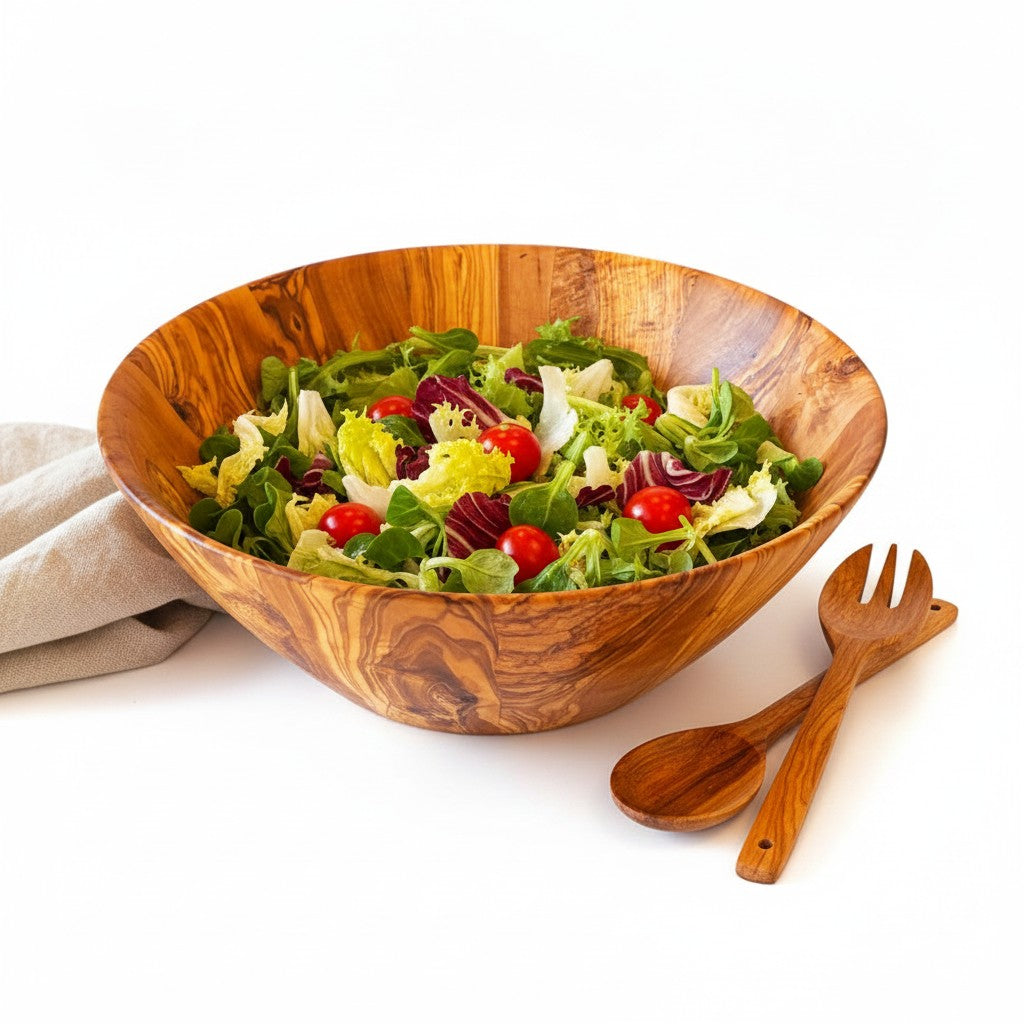 Handmade Olive Wood Large Salad Bowl | Deep Hand-Turned Wooden Fruit & Serving Bowl | Stunning Natural Grain | 35–45 cm