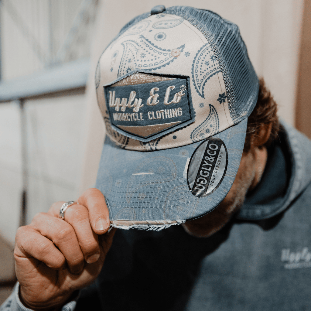 Uggly & Co Bandana Diamond Trucker Hat – Distressed Vintage Blue Cap