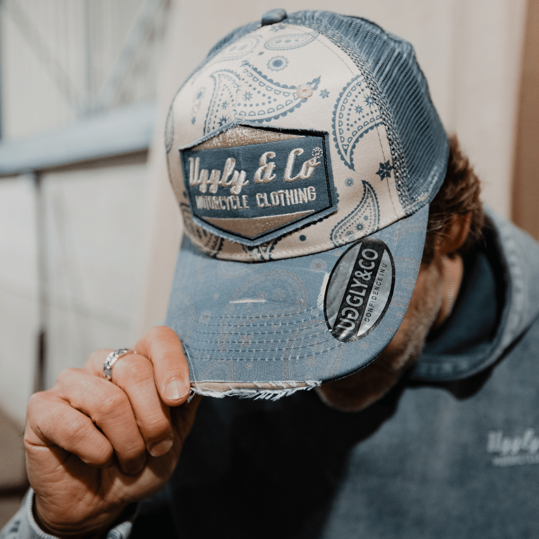 Uggly & Co Bandana Diamond Trucker Hat – Distressed Vintage Blue Cap