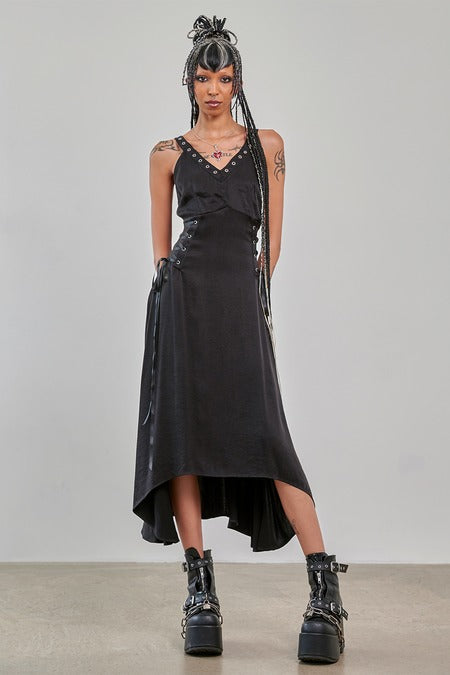 Banned Apparel Gothic High Low Dress – Black Studded Asymmetric Hem