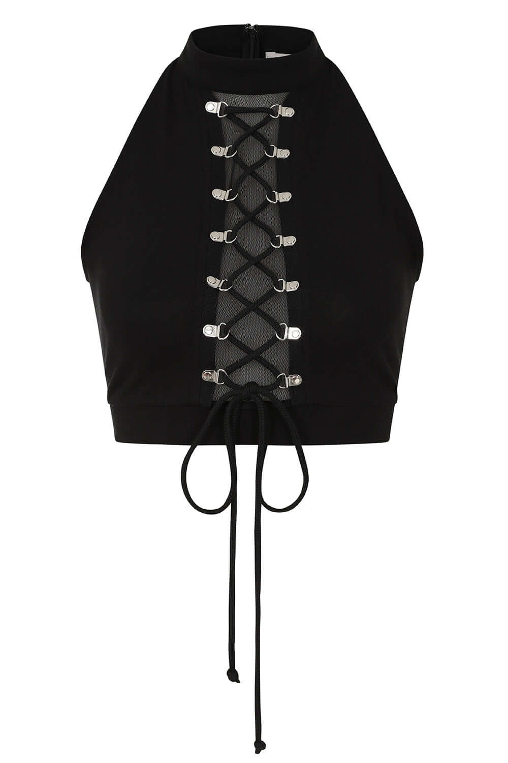 Banned Apparel Isolde Gothic Halter Top – Lace-Up Mesh Cropped Top