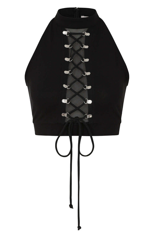 Banned Apparel Isolde Gothic Halter Top – Lace-Up Mesh Cropped Top