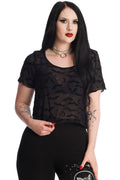 Banned Apparel Prayers Black Mesh Bat Pattern Gothic Cropped Top
