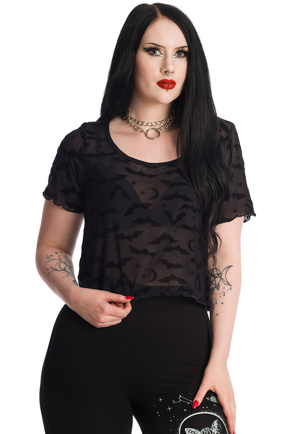 Banned Apparel Prayers Black Mesh Bat Pattern Gothic Cropped Top