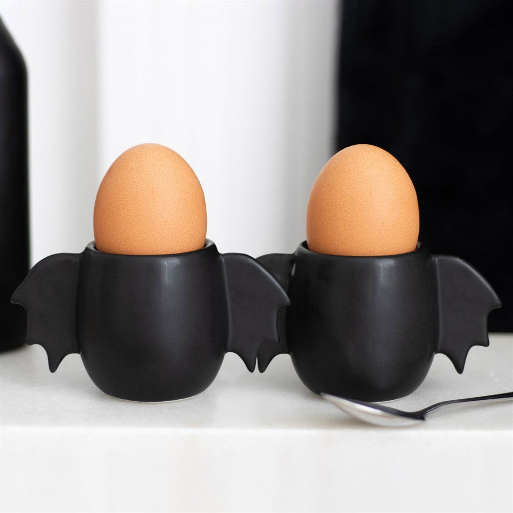Kate's Clothing Bat Wing Egg Cup Set of 2 – Black Ceramic Gothic Decor