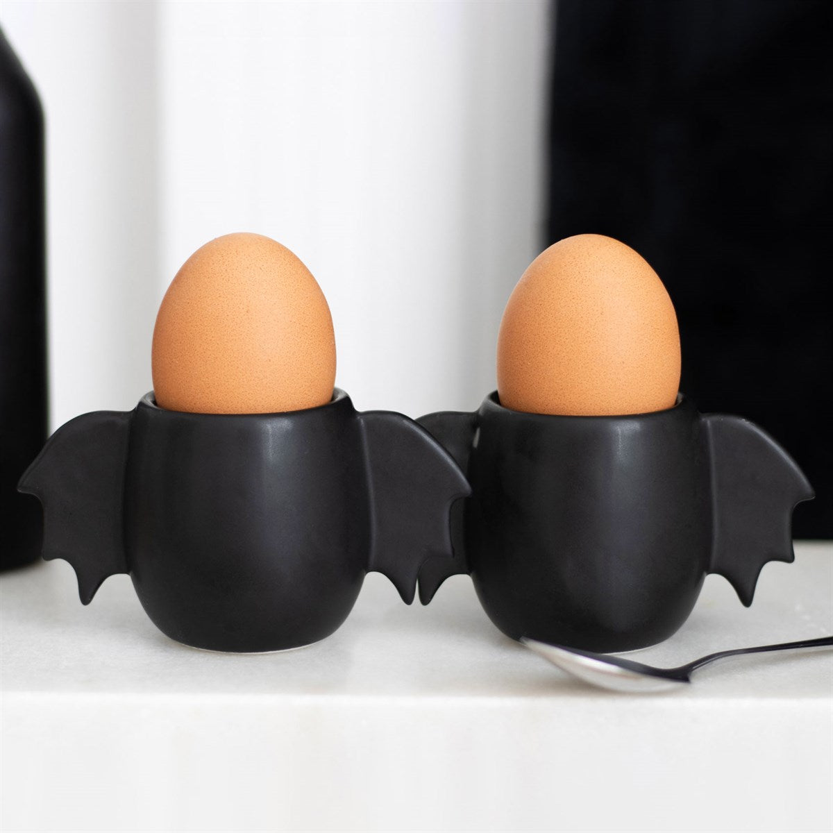 Kate's Clothing Bat Wing Egg Cup Set of 2 – Black Ceramic Gothic Decor