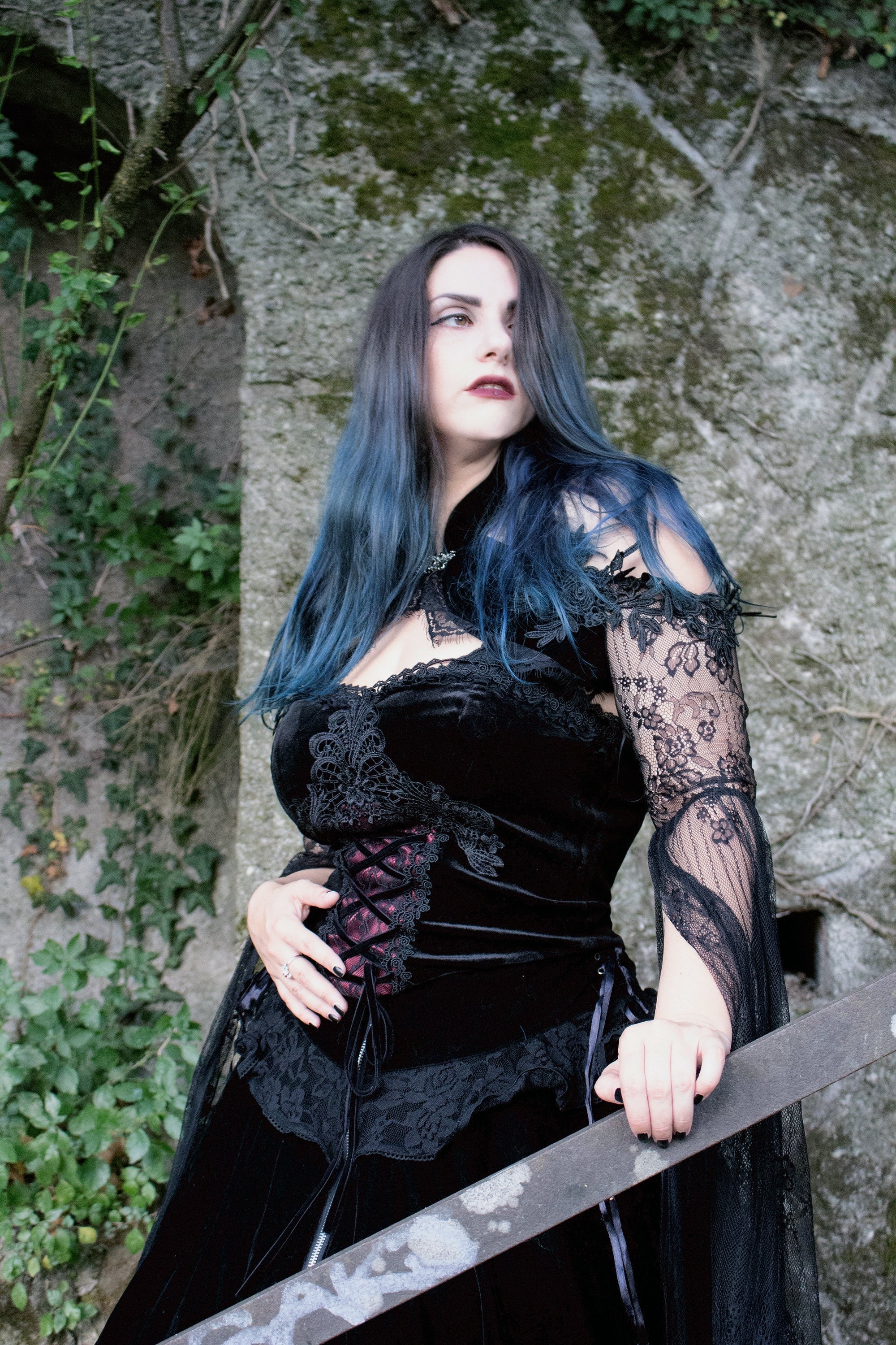 Dark in Love Gothic Black & Red Velvet Lace Corset with Straps