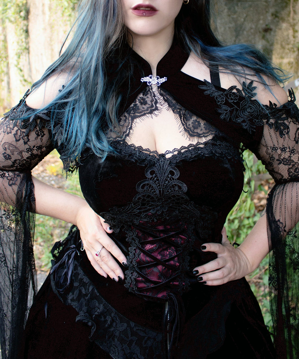 Dark in Love Gothic Black & Red Velvet Lace Corset with Straps