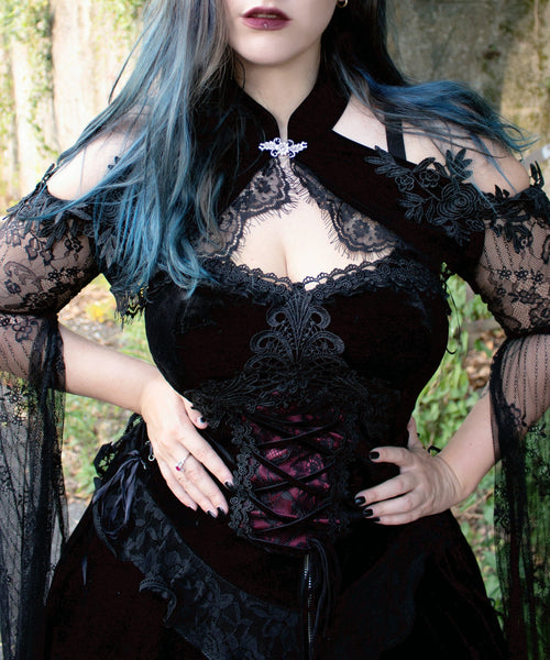 Dark in Love Gothic Black & Red Velvet Lace Corset with Straps