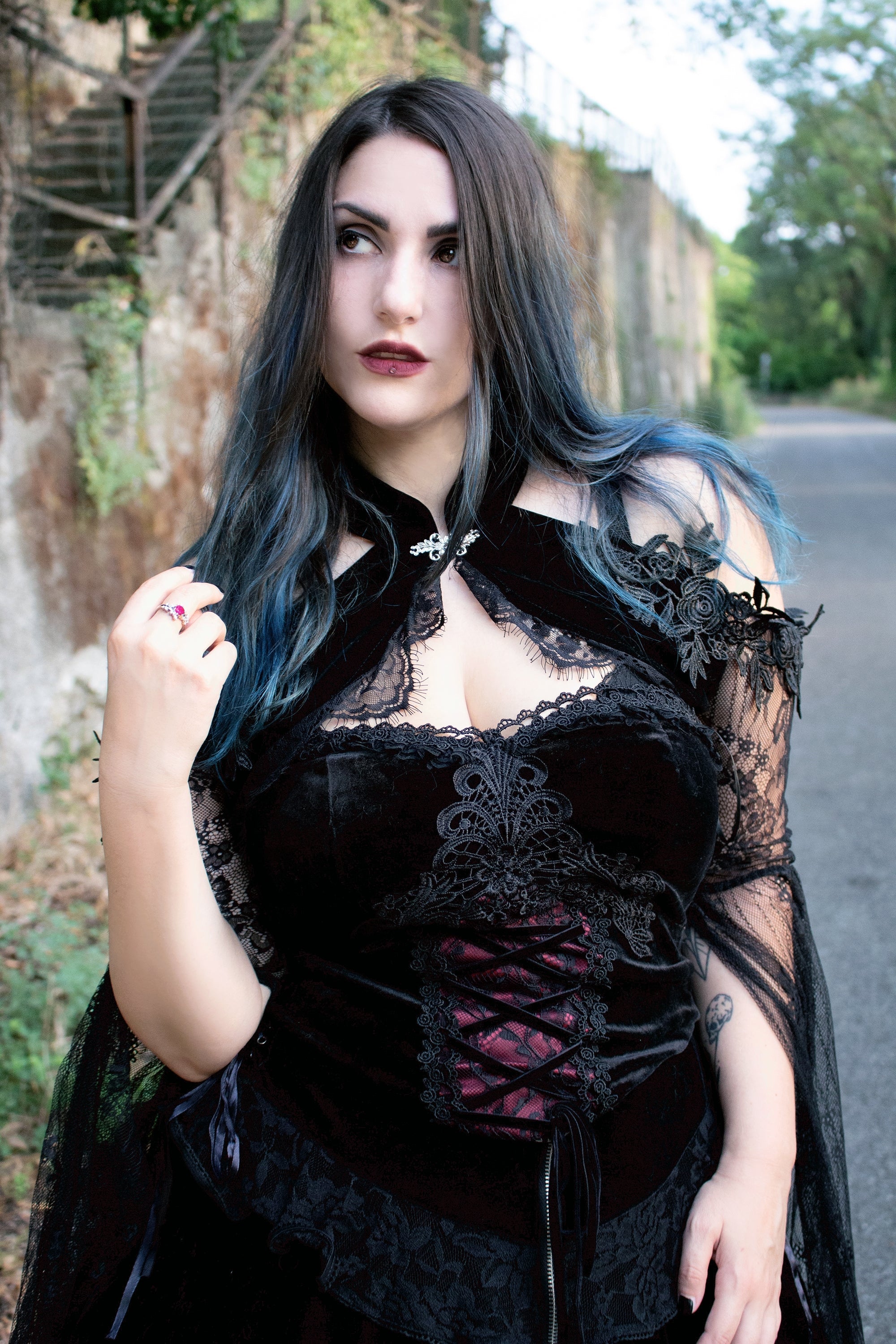 Dark in Love Gothic Black & Red Velvet Lace Corset with Straps