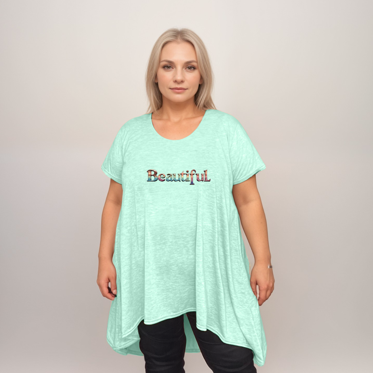 Pastel Hanky-Hem Swing Top with “Beautiful” Logo