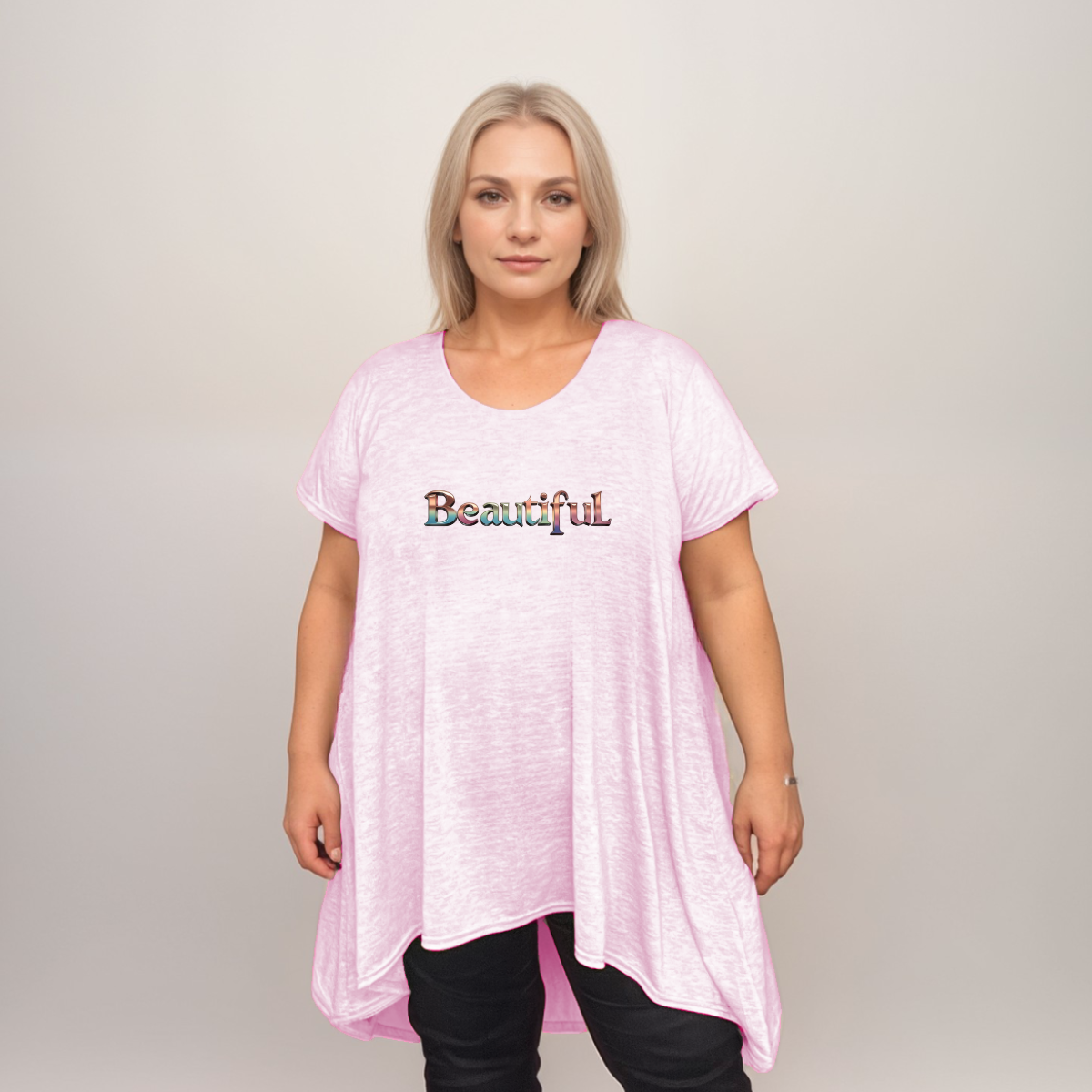 Pastel Hanky-Hem Swing Top with “Beautiful” Logo
