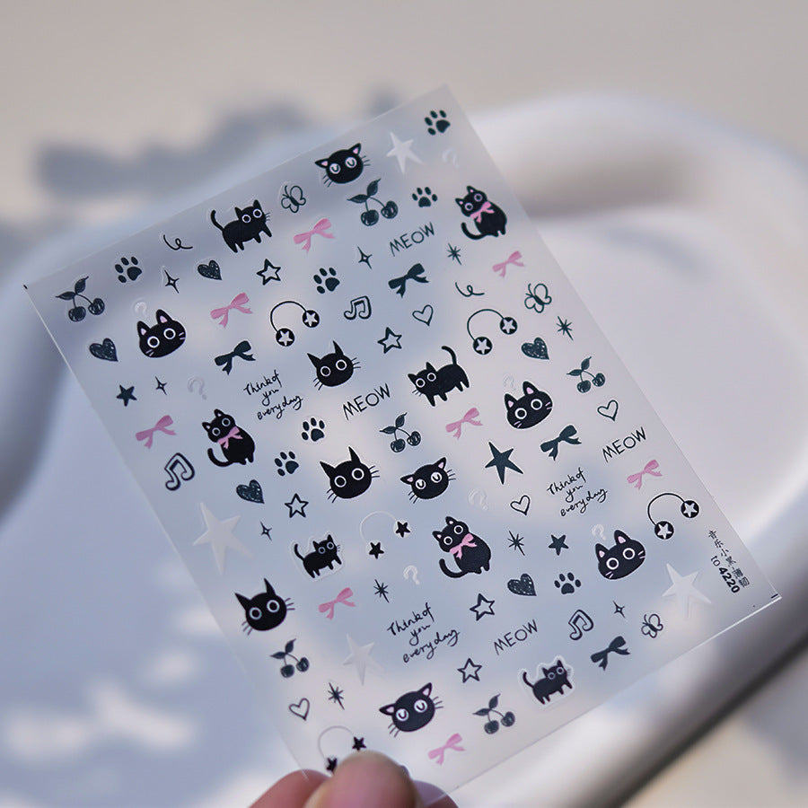 LuLuFun Studio Black Pink Kitty Nail Deco Stickers - DIY Nail Art