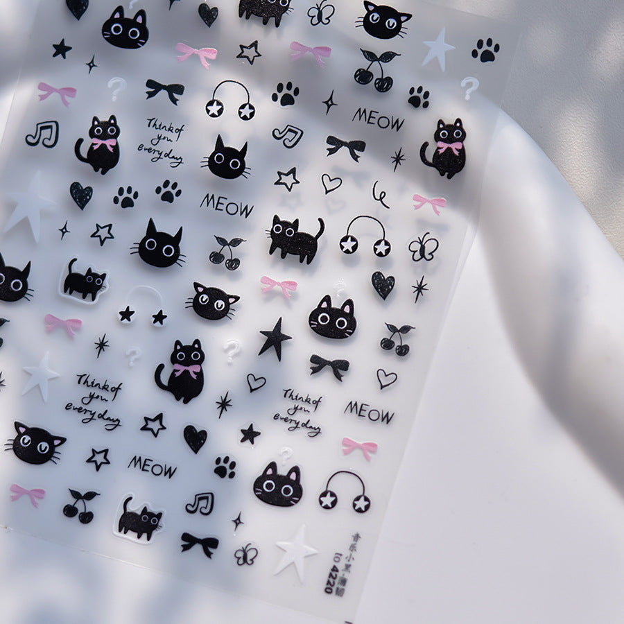 LuLuFun Studio Black Pink Kitty Nail Deco Stickers - DIY Nail Art