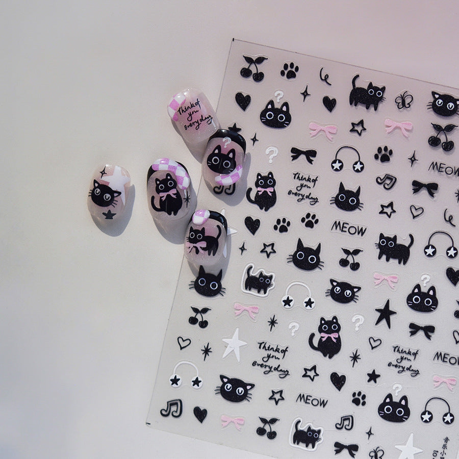 LuLuFun Studio Black Pink Kitty Nail Deco Stickers - DIY Nail Art