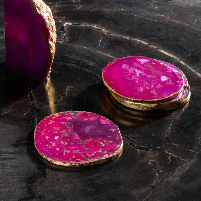 Orsina Pink Agate Coasters with Gold Edging - Set of 4 Stone Rounds