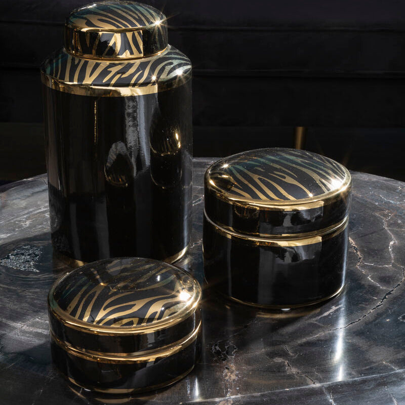 Orsina Calyse Small Porcelain Trinket Box – Black and Gold Zebra Print