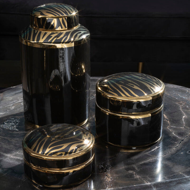 Orsina Calyse Large Porcelain Trinket Box – Black and Gold Zebra Print