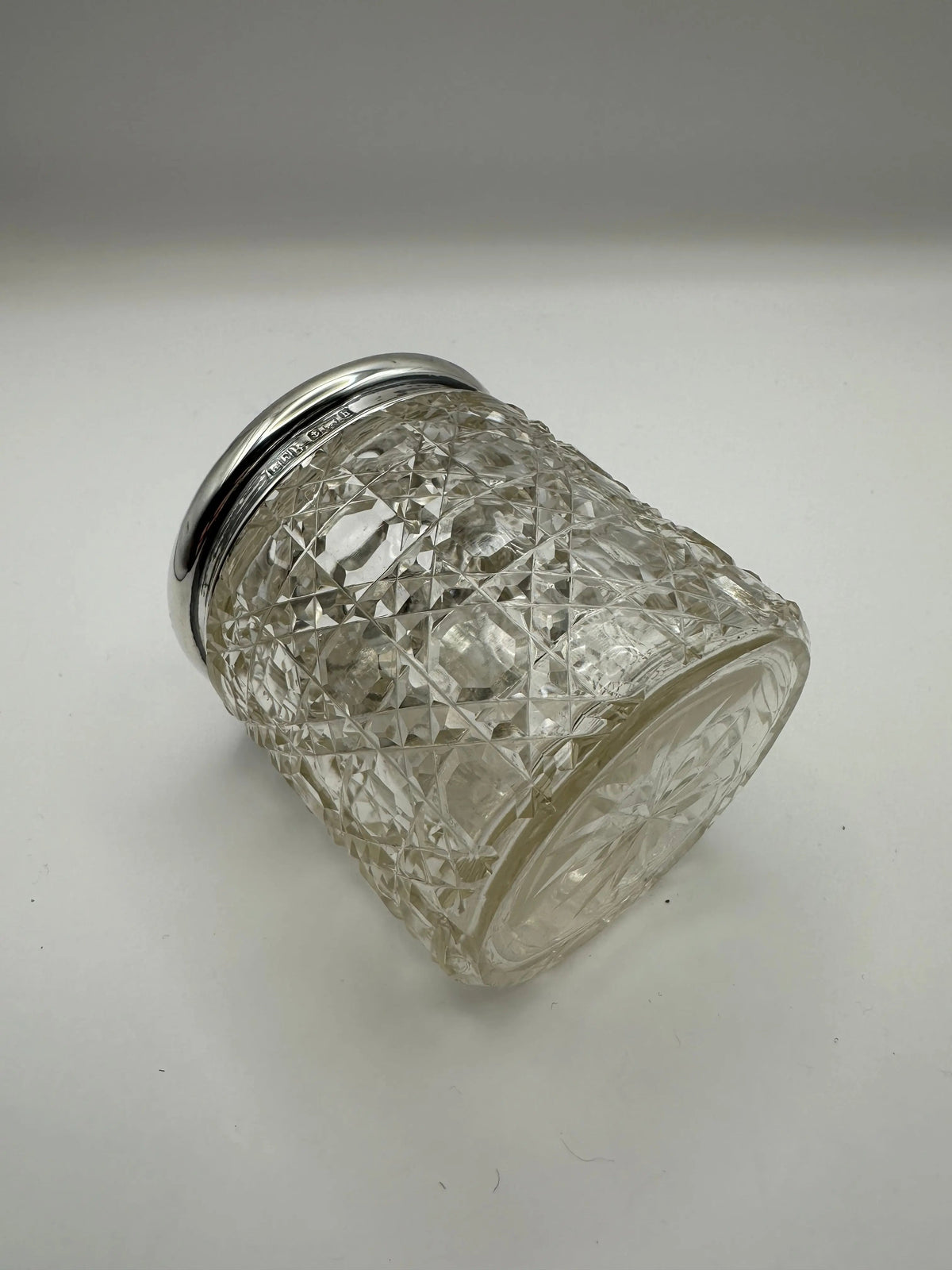 Antique Solid Sterling Silver Topped Cut Glass Pot  / Dressing Table Pot
