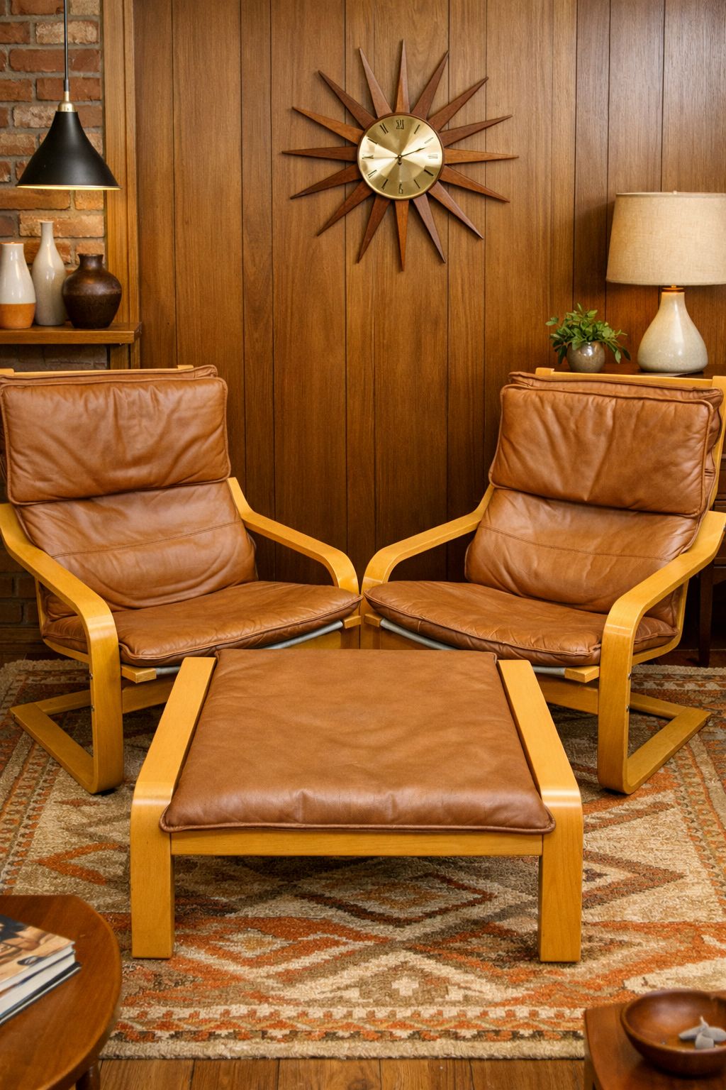 Vintage Pair Of IKEA Poäng Lounge Chairs with Footstool – Armchairs Tan Leather