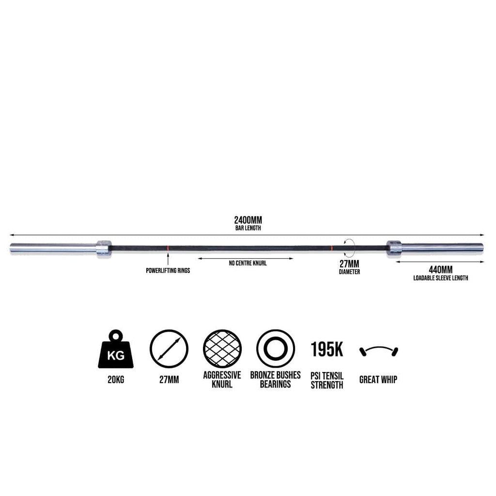 Cerberus Strength Deadlift Bar – 20kg Powerlifting Bar with 27mm Shaft