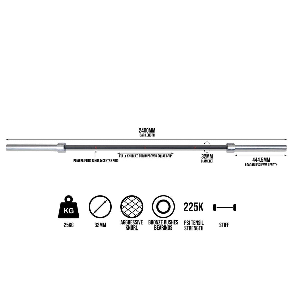CERBERUS Strength Squat Bar – 25kg Powerlifting Barbell, 32mm