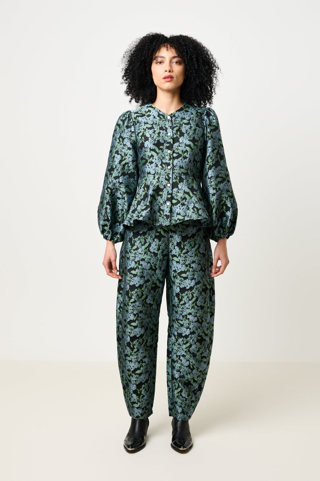 Clementine Blossom Jacquard Peplum Blouse - Black