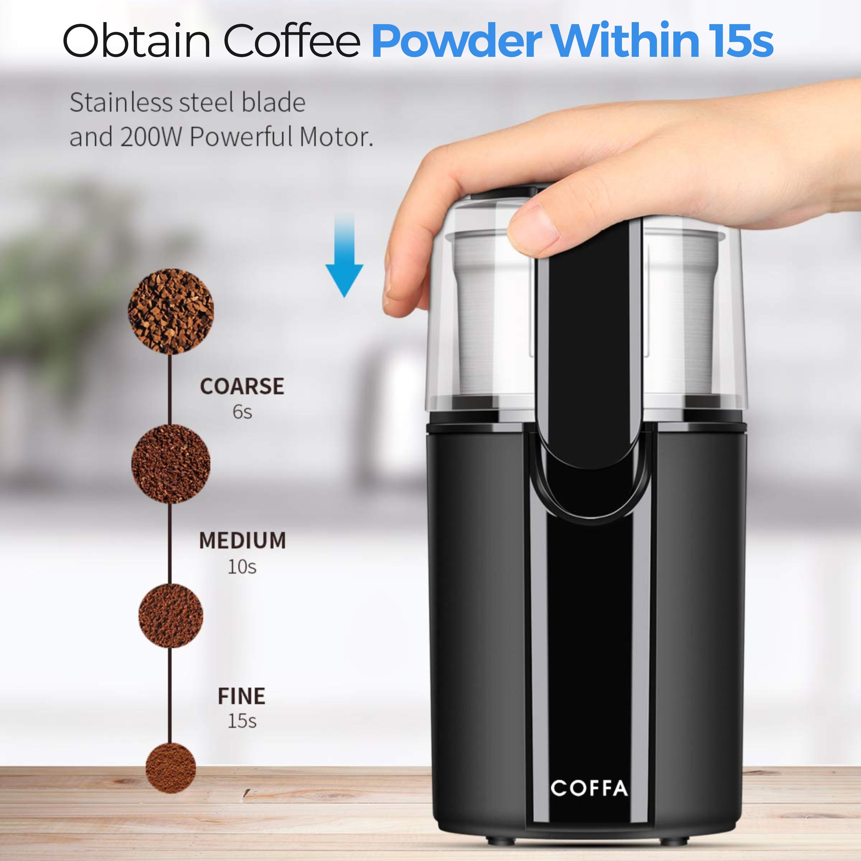 COFFA Electric Coffee Grinder - 200W Wet & Dry Stainless Steel Bowls