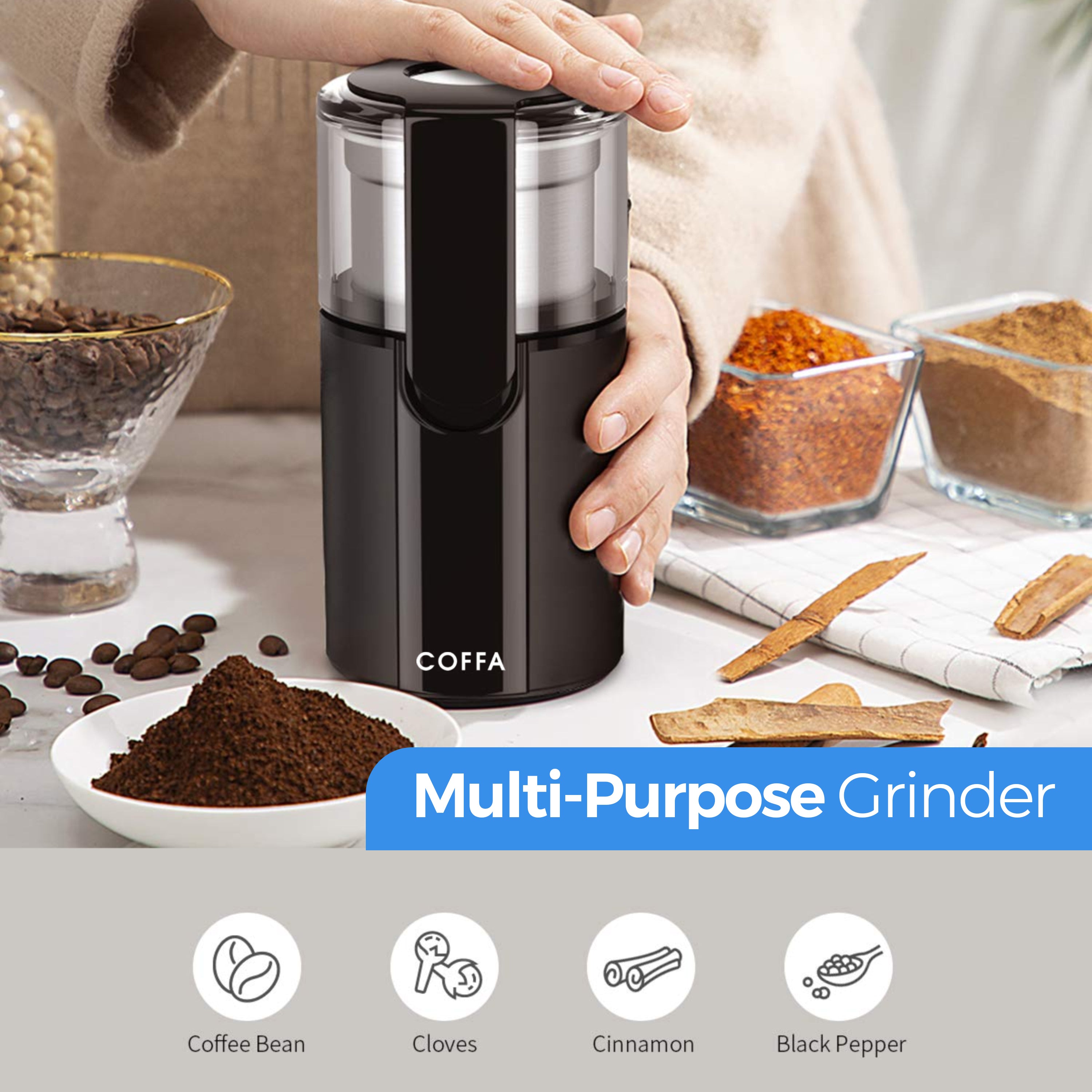 COFFA Electric Coffee Grinder - 200W Wet & Dry Stainless Steel Bowls