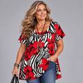 ROCKTHOSECURVES RED WHITE BLACK SWIRL SHORT SLEEVE A-LINE SMOCK TOP